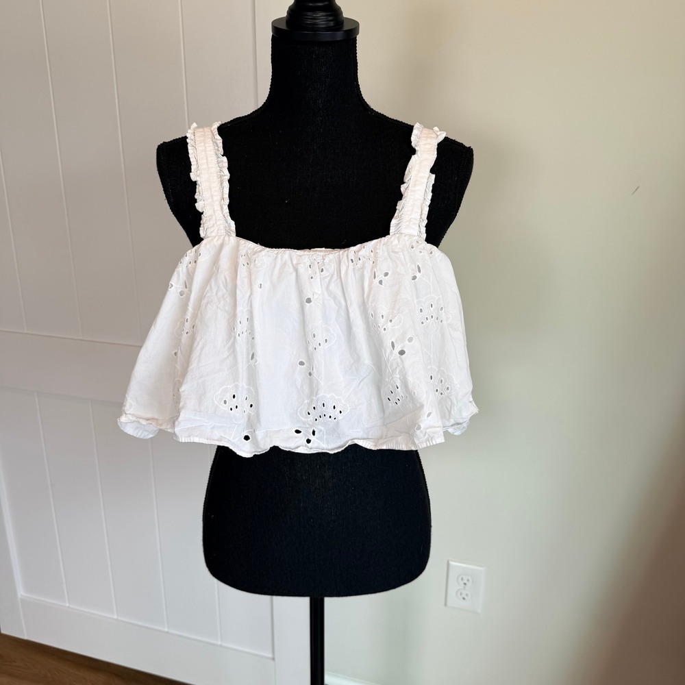 Zara White Eyelet Ruffle Crop Top Womens Large Cotton Floral Boho Strappy Tank